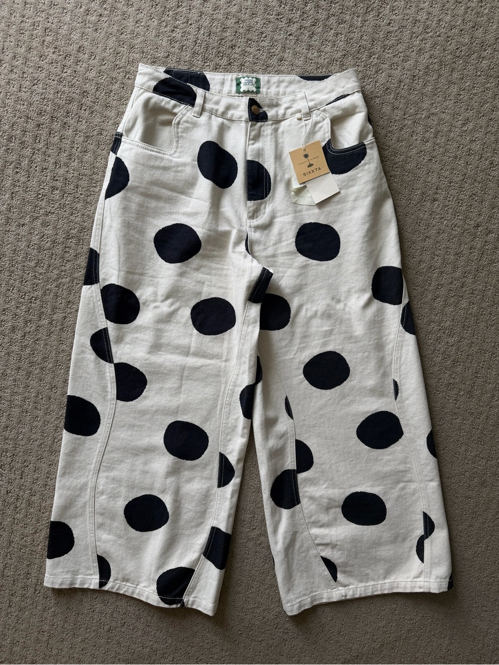 Polka Dot Cropped Wide-Leg Jeans - Black on Cream